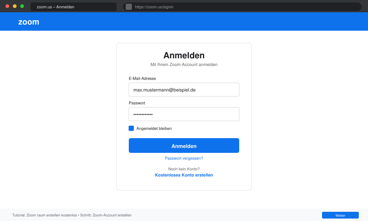 Anmeldeformular auf der Zoom-Website