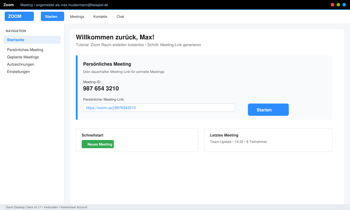 Dashboard mit Meeting-Link und Start-Button