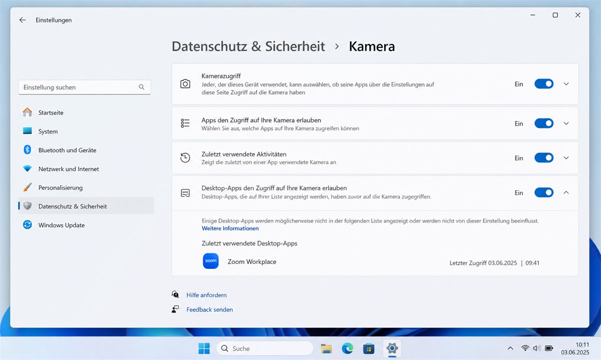 Bildschirm mit geöffneten Windows-Datenschutzeinstellungen für die Kamera und Zoom markiert