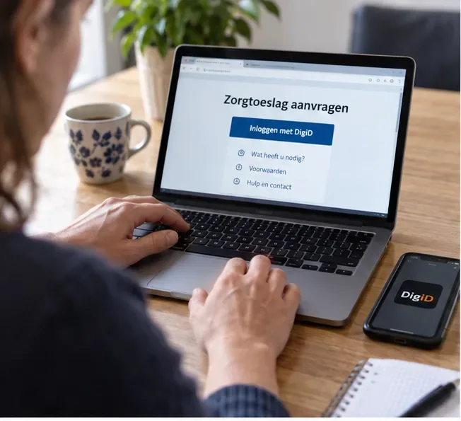 Persoon achter een laptop met de tekst Zorgtoeslag aanvragen en een telefoon met DigiD ernaast
