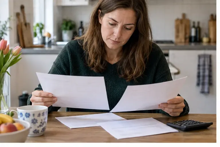 Een werknemer vergelijkt twee loonstroken en een brief over salarisverhoging aan een keukentafel