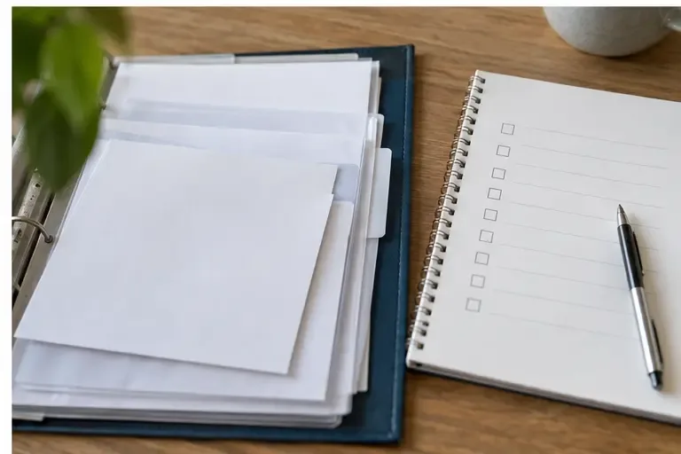 Een map met loonpapieren ligt naast een notitieboek met een blanco controlelijst en een pen