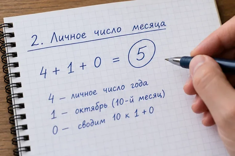 Запись в блокноте: личное число года 4 плюс октябрь 1 равно личному числу месяца 5