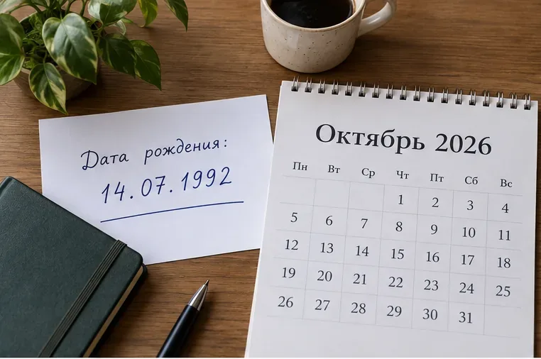 Дата рождения 14.07.1992 рядом с календарём октября 2026 года на деревянном столе