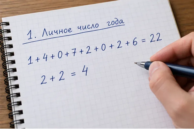 Рука записывает расчёт личного числа года: сумма цифр даты рождения и 2026 года даёт 22, затем 4