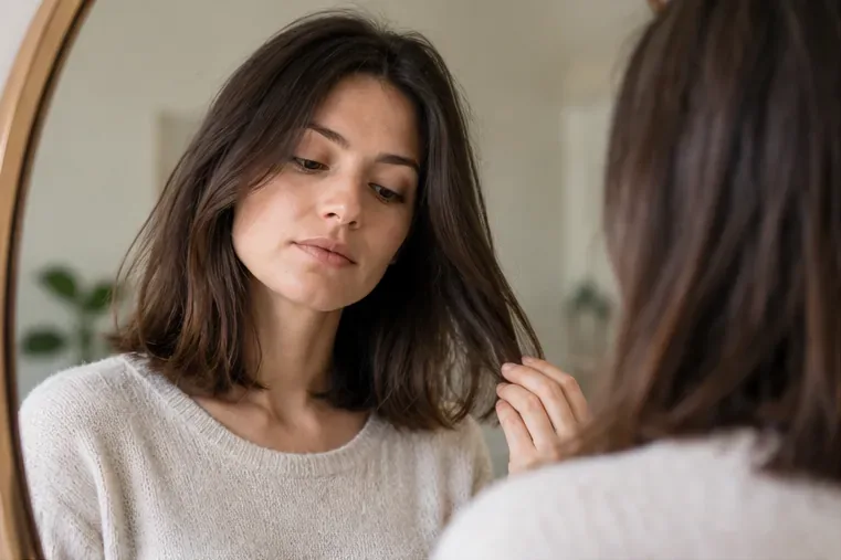 امرأة تنظر في المرآة وتتفقد أطراف شعرها بيدها