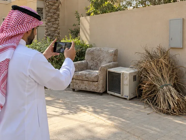 مقيم يصور أثاثاً قديماً وجهازاً منزلياً ومخلفات تقليم نخيل قبل طلب رفعها