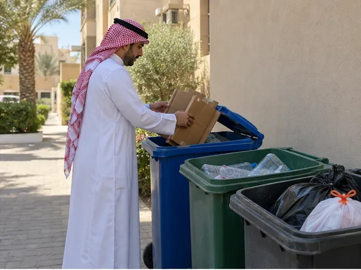 مقيم يضع صندوقاً كرتونياً في حاوية مخصصة بجوار حاويات أخرى