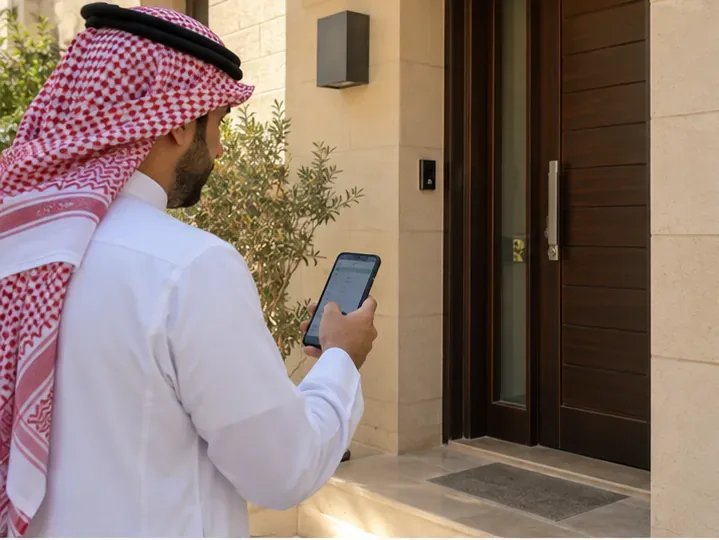 مقيم في الرياض يراجع خدمة بلدية على هاتفه أمام مدخل منزله