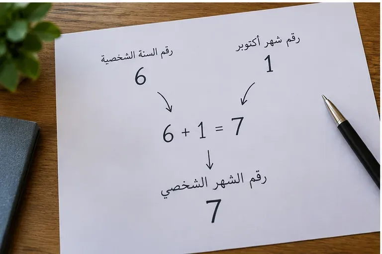 ورقة توضيحية تربط رقم سنة شخصية برقم شهر أكتوبر للوصول إلى رقم شهر شخصي