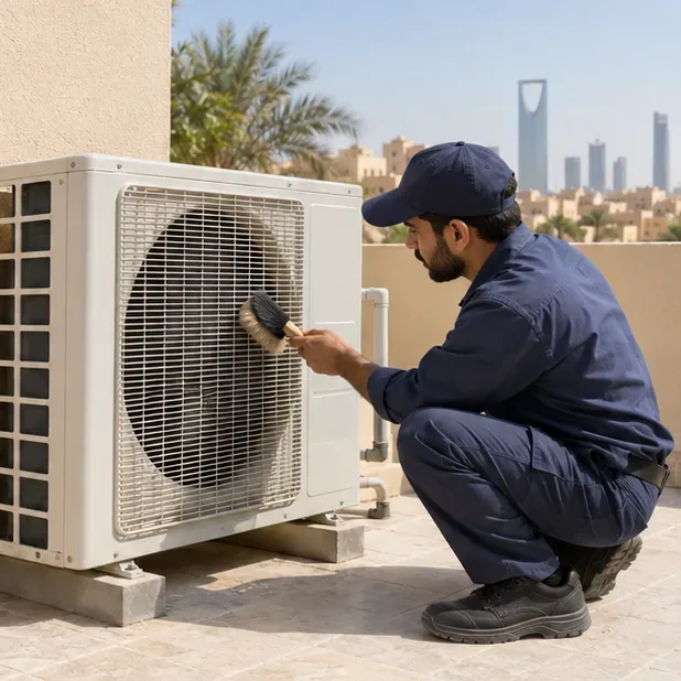 فني صيانة ينظف الغبار عن الشبكة الخارجية لوحدة تكييف أرضية في منزل بالرياض