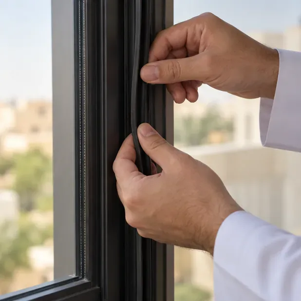 يدان تفحصان شريط المطاط المحيط بإطار نافذة منزلية من الداخل