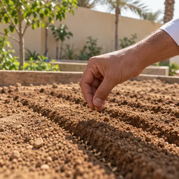 نثر بذور الجزر في أخدود ضحل داخل تربة مجهزة في حديقة منزلية بالرياض.