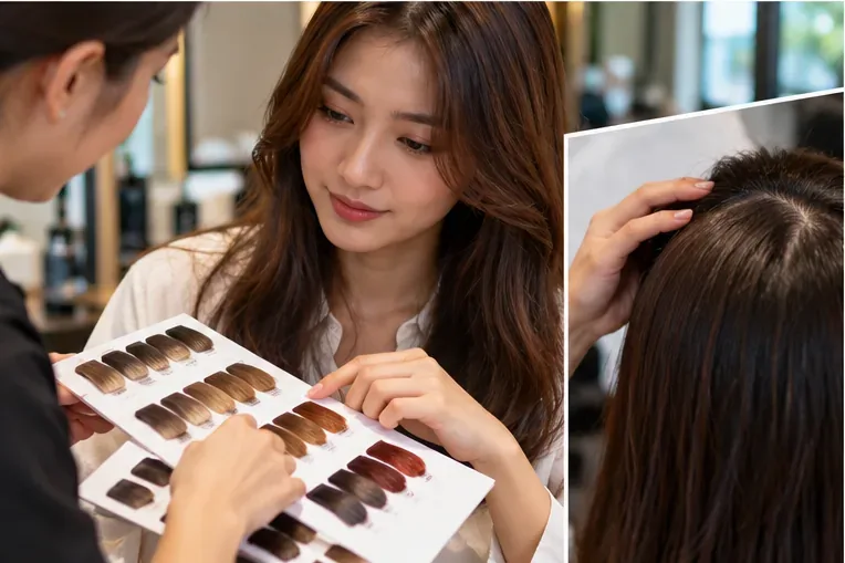 ลูกค้ากำลังเปรียบเทียบตัวอย่างเฉดสีน้ำตาลกับช่างในร้านทำผม