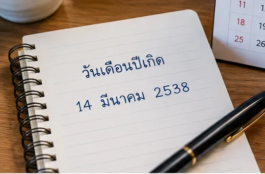 สมุดบันทึกบนโต๊ะเขียนตัวอย่างวันเกิด 14 มีนาคม 2538 พร้อมปากกา ใช้เพื่อเตรียมวันและเดือนเกิดก่อนคำนวณเลขประจำเดือน