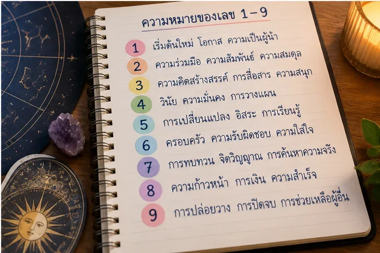 สมุดเปิดหน้าความหมายเลข 1 ถึง 9 พร้อมคำสำคัญภาษาไทย เช่น การเริ่มต้น ความร่วมมือ การวางแผน การเปลี่ยนแปลง และการปิดจบ
