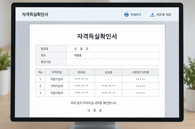 자격득실확인서 문서 미리보기에서 발급일과 자격 이력 표를 확인하는 모습