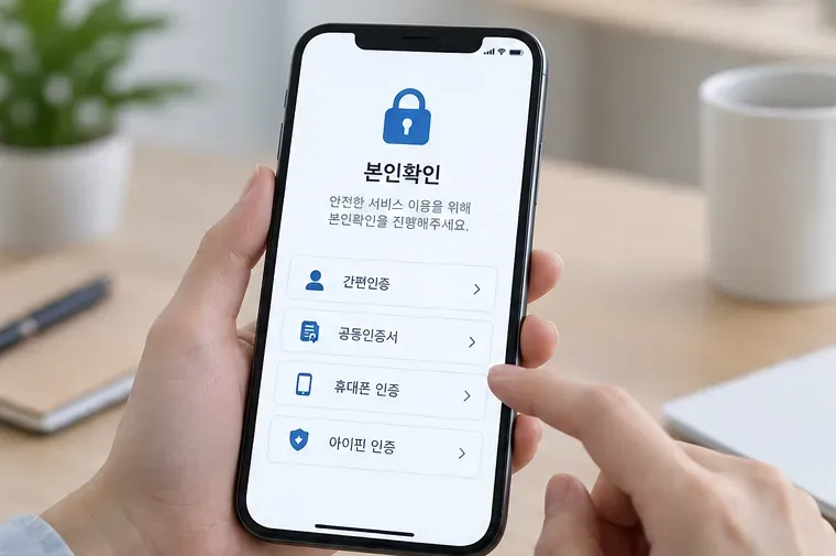스마트폰 화면에서 간편인증과 공동인증서 등 본인확인 선택지를 확인하는 모습