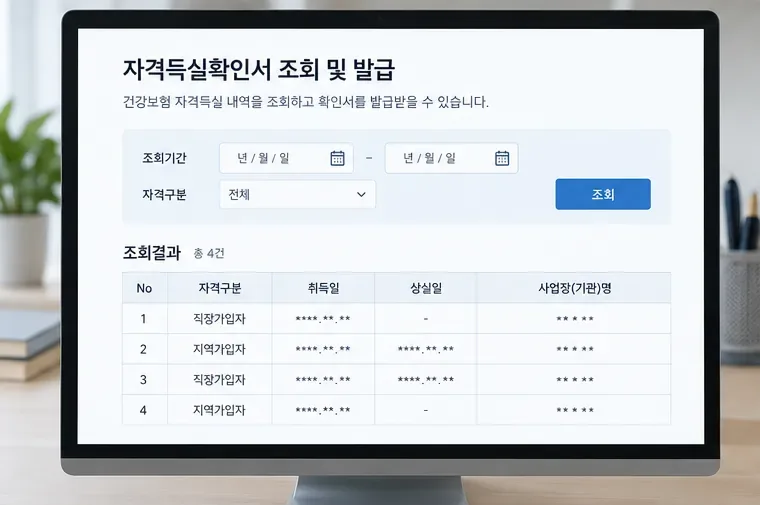 조회 기간과 자격 구분을 선택하고 직장가입자와 지역가입자 이력이 표로 나타난 화면