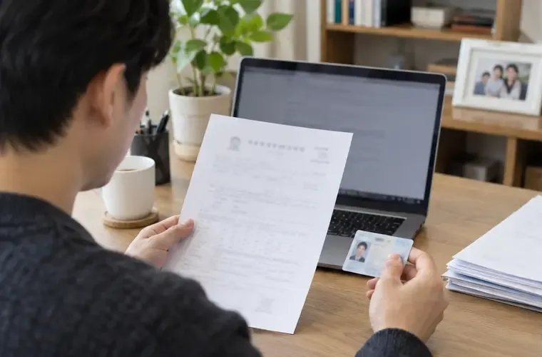 한국의 한 가정에서 가족관계 증명서와 신분증을 노트북 옆에서 확인하는 사람