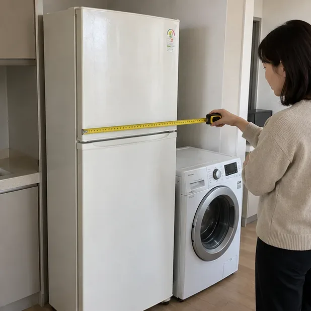 가정에서 냉장고의 폭을 줄자로 확인하며 폐가전 수거 대상 여부를 점검하는 모습