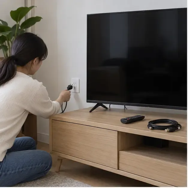 전원을 끄고 플러그를 뽑는 주민과 TV 받침대 위에 정리된 리모컨과 케이블