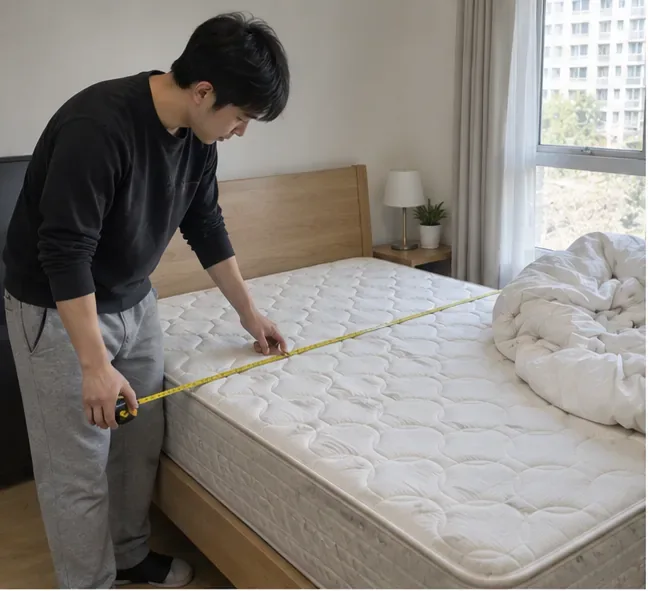 고양시에서 버릴 매트리스의 폭을 줄자로 재며 규격을 확인하는 모습