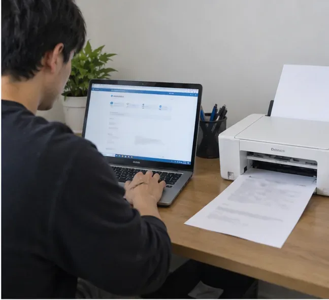 노트북으로 대형폐기물 신청을 진행하고 옆 프린터에서 신고용 종이가 출력되는 모습