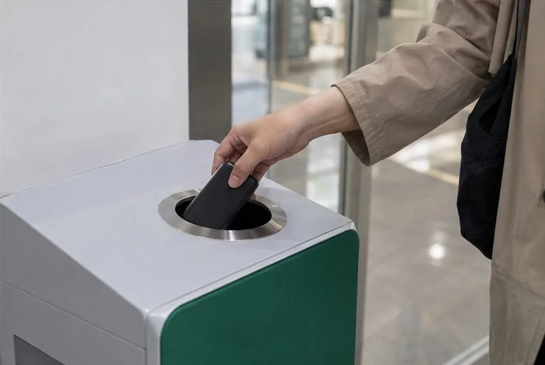 작은 검은색 보조배터리를 전용 배터리 수거함 투입구에 넣는 손