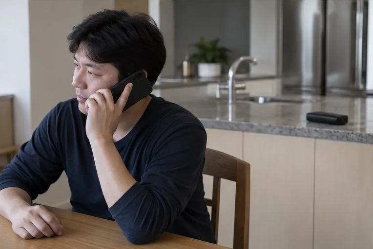 가상의 주민이 배터리를 멀리 둔 상태에서 식탁에 앉아 휴대전화로 문의하는 모습