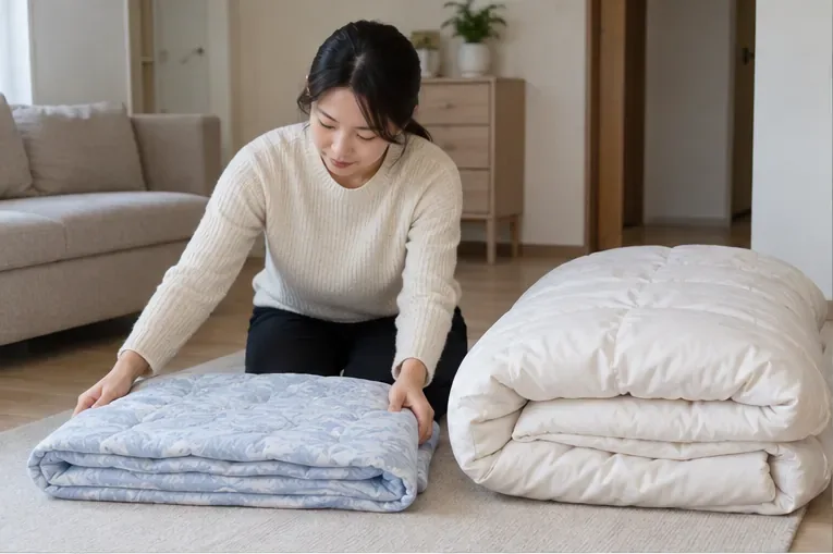고양시에서 버릴 얇은 여름 이불과 두꺼운 겨울 이불을 각각 접어 분류하는 모습