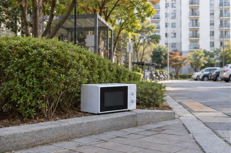 아파트 단지의 지정 배출 공간 옆에 전자레인지가 놓여 있는 모습