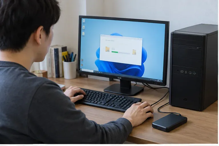 고양에서 폐기할 데스크톱 컴퓨터의 파일을 외장 저장장치로 백업하는 모습