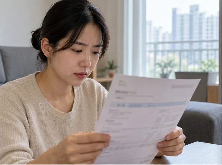 고지서의 주소를 살펴보는 주민. 종량제봉투를 고르기 전 배출 주소지의 구를 확인하는 장면