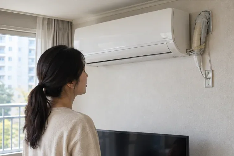 벽걸이 에어컨과 TV가 설치된 공간에서 기본 철거 여부를 확인하는 모습