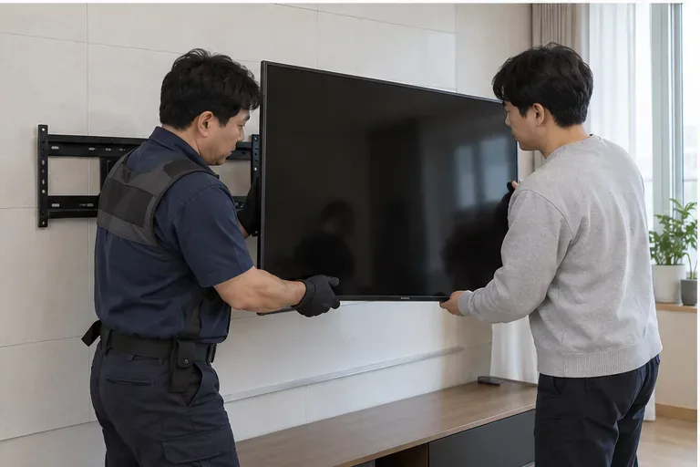 설치 전문가와 보조자가 벽걸이 브래킷에서 텔레비전을 조심스럽게 분리하고 있다