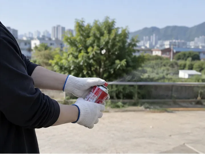 야외의 통풍이 잘되는 장소에서 사람이 부탄가스통 노즐을 눌러 잔류 가스를 빼는 모습