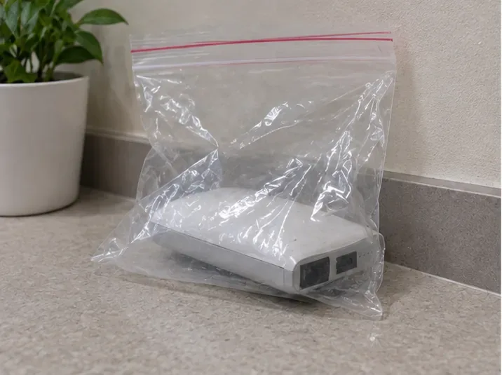 단자를 절연한 부푼 보조배터리를 투명 지퍼백에 개별 보관한 모습
