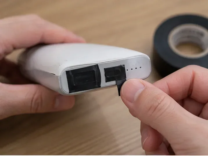 부푼 보조배터리의 USB 단자와 충전 포트를 검은 절연테이프로 가리는 모습