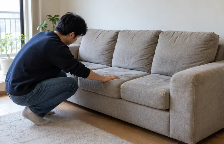 밝은 거실에서 한 사람이 회색 소파의 좌석과 겉감을 살펴보고 있다