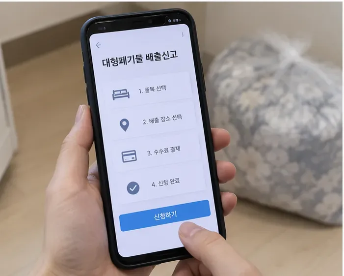 스마트폰 화면에서 대형폐기물 배출 신고 절차를 확인하는 모습