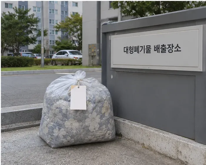 아파트 대형폐기물 배출장소 옆에 신고표시를 붙인 포장 이불을 놓은 모습