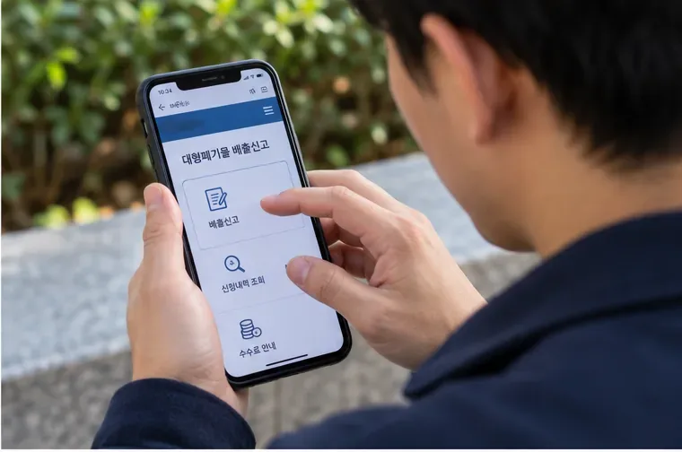 스마트폰에서 대형폐기물 배출신고 메뉴와 신청내역 조회 항목을 확인하는 모습