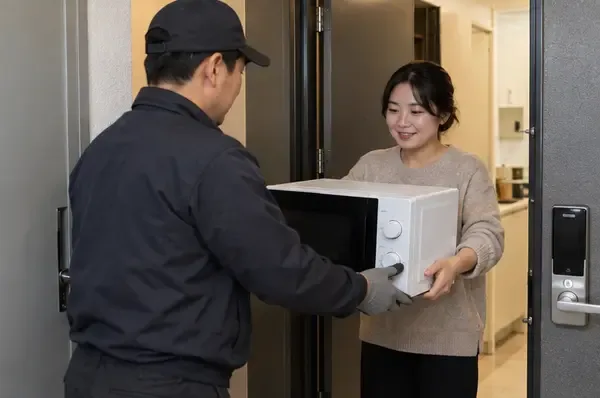 수거 담당자가 아파트 현관에서 거주자가 건넨 전자레인지를 받아 옮기고 있습니다.