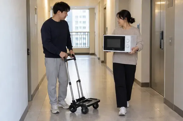 두 사람이 아파트 복도에서 전자레인지를 옮길 준비를 하고 한 사람은 빈 손수레 옆에 서 있습니다.