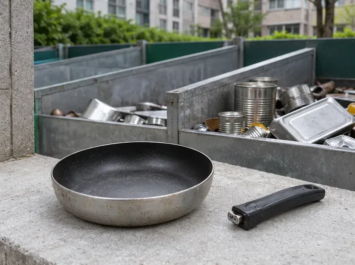 분리한 손잡이를 옆에 두고 금속 수거 장소 앞에 놓은 프라이팬 본체