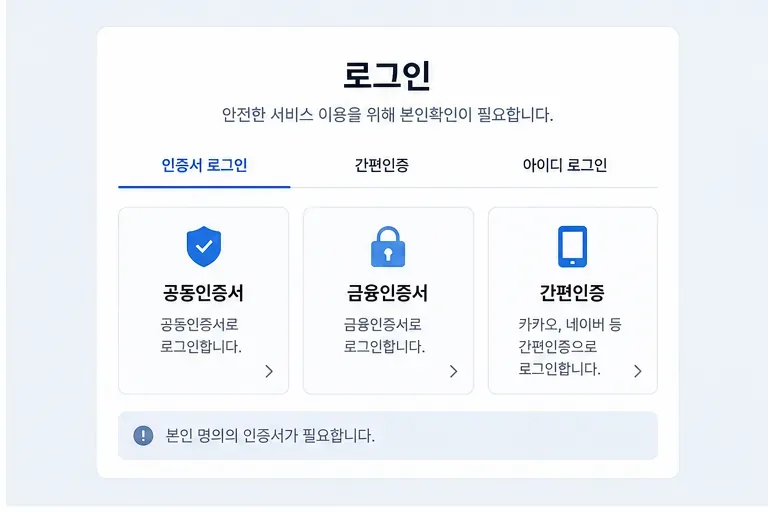 공동인증서 금융인증서 간편인증 등 본인 인증 선택지를 보여주는 로그인 화면 예시