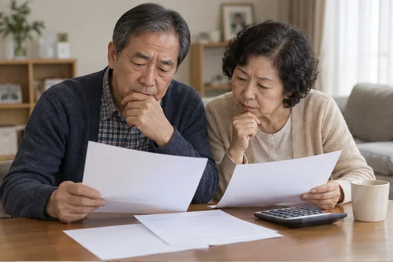 집에서 연금 안내 자료와 계산기를 함께 살펴보는 한국의 노년 부부