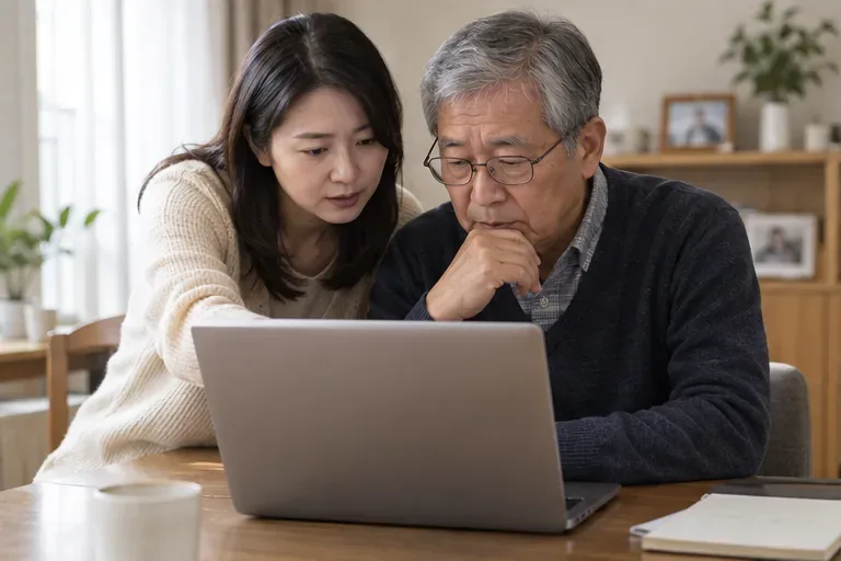 집에서 노년의 아버지가 딸의 도움을 받아 노트북을 살펴보는 모습