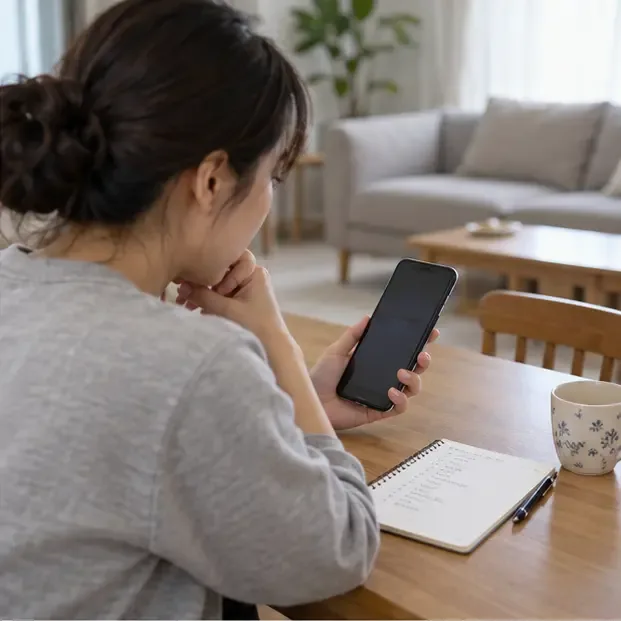 휴대전화를 확인하며 수거 품목을 적어 둔 메모를 살펴보는 사람